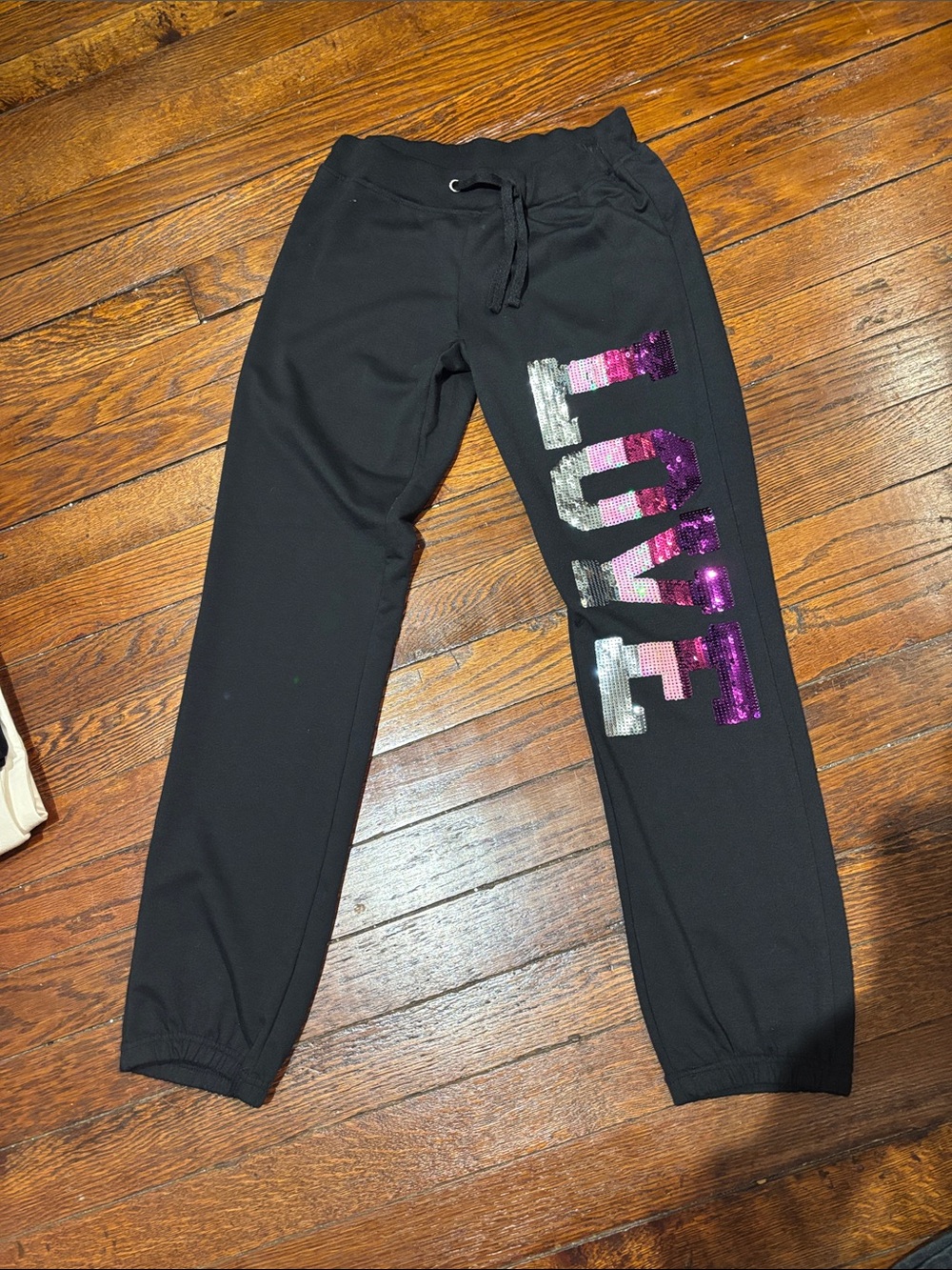 edge Black Joggers with Pink & Silver Sequin LOVE Panel